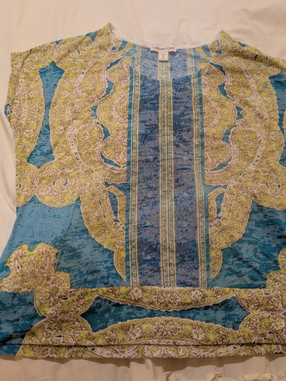 Coldwater Creek Blue & Gold Paisley Print Burnout Top Xl